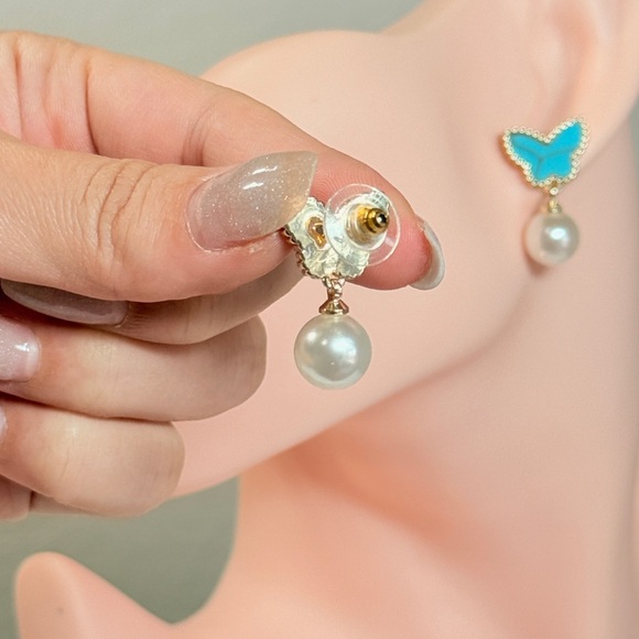 Gold and Turquoise Butterfly Pearl Earrings - Picture 5 of 6